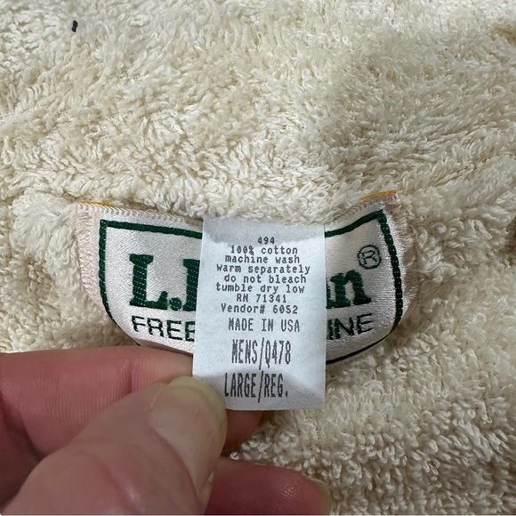 Vtg LL Bean Made in USA Mens Cream Terry Bathrobe Sz L Belt 100% Cotton Pockets - Picture 10 of 13